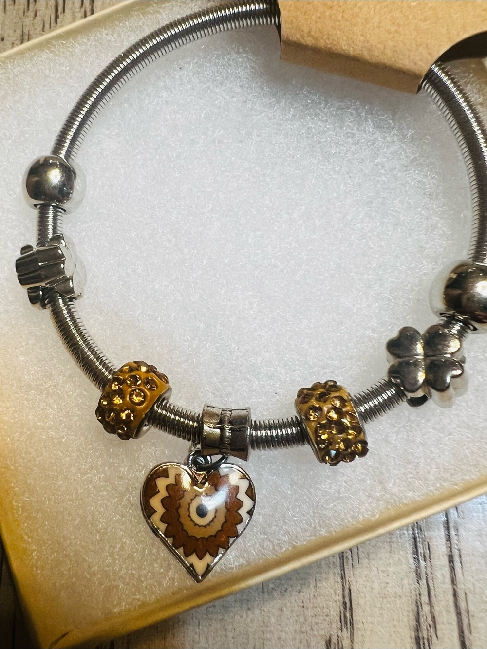 Silver Charm Bracelet with Brown Enamel Heart and Gold Accent Beads